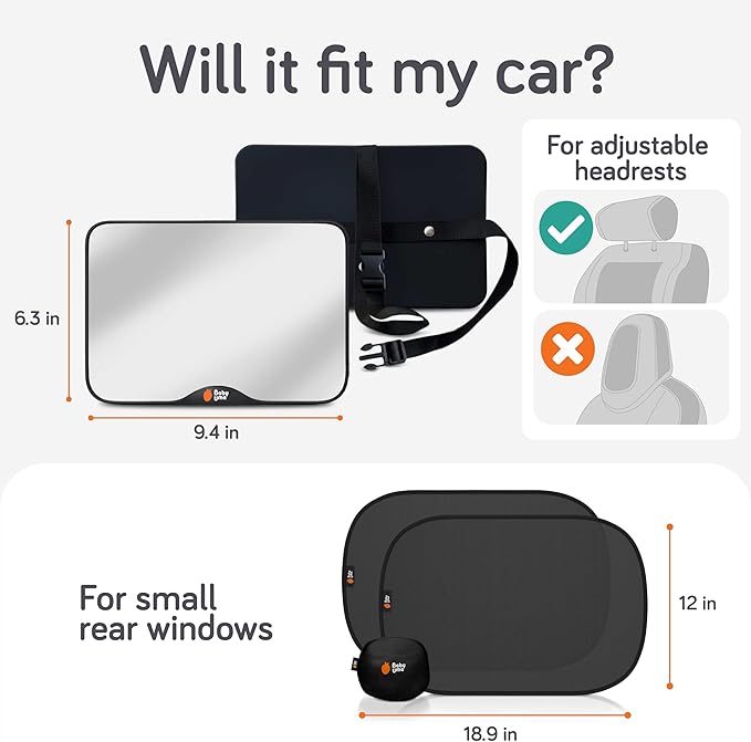 Baby Uma Car Window Shades + Baby Car Mirror - UPF 50+ Window Shade 2 Pack PLUS 1 Shatterproof, XL View Mirror for Baby, Easy On 'n Off, Newborn Essentials