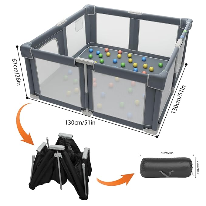 Foldable Playpen for Babies and Toddlers, 51" Portable Play Pen with Mat and Ocean Balls, Play Yard with with Visible Mesh for Inddor and Outdoor, No Assembly Required, Black