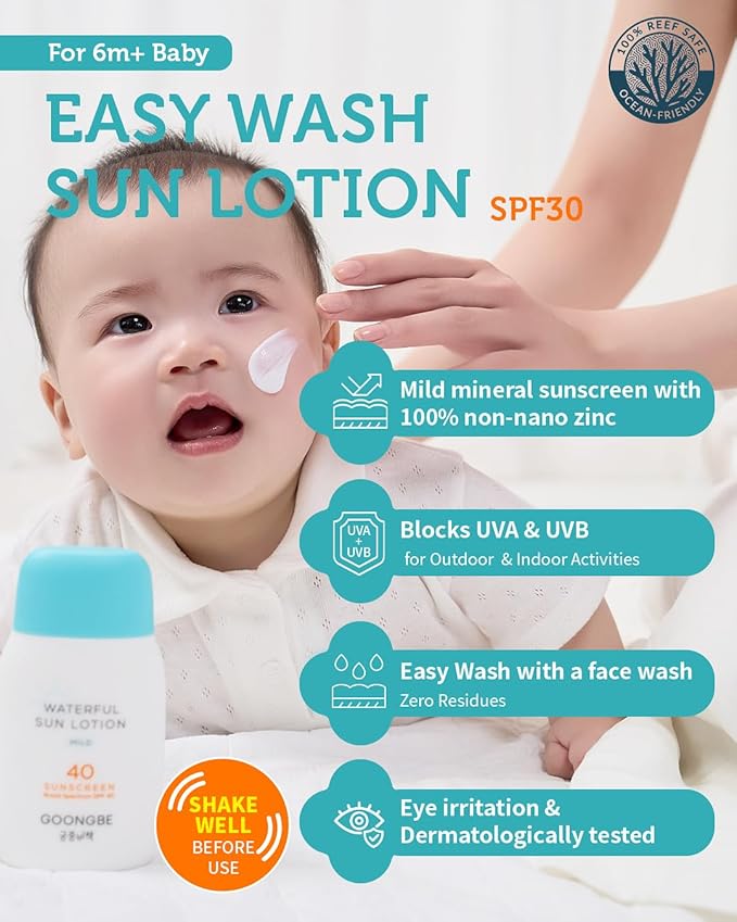 GOONGBE Baby Kids Easy Wash Sun Lotion SPF 30 & Mild Soothing Gel - Zinc Oxide Mineral Sunscreen & After Sun Relief - Korean Skincare for Sensitive Skin - Vegan Hypoallergenic, 2.11oz & 5.07oz