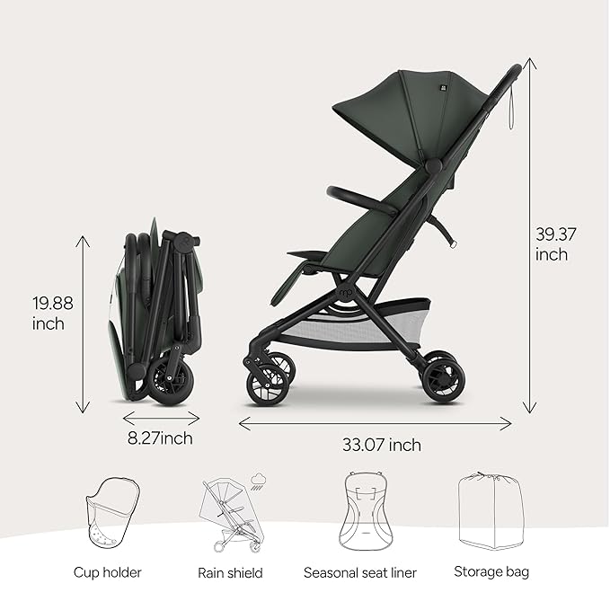 Mompush Velo Lightweight Travel Stroller, Compact & Airplane-Friendly for Baby and Toddler, Lie-Flat Seat, One-Hand Fold, with Leather Bumper Bar, Shoulder Strap, Raincover, Storage Bag & Cup Holder
