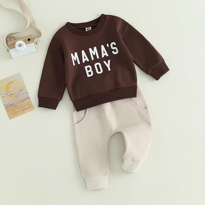 ZAXARRA Toddler Newborn baby boys Fall Outfits Long Sleeve Letter Print Sweatshirt Tops Pocket Pants Casual Clothing Sets