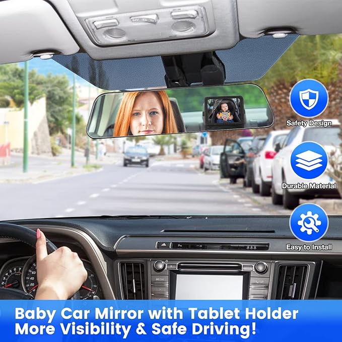 Baby Car Mirror with Adjustable Tablet Holder, Road Trip Essentials for Kids, Backseat Mirror to See Rear Facing Infant, Ipad Case for Car Headrest