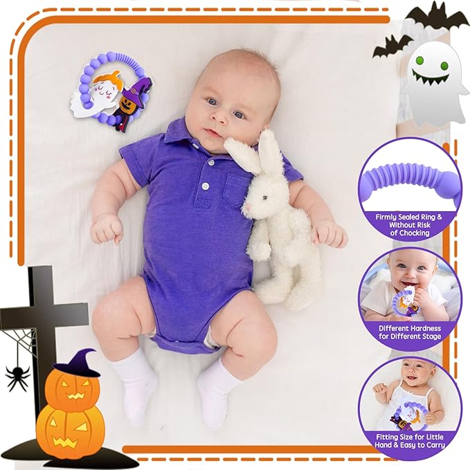 Halloween Baby Teething Toys – Ghost & Pumpkin Man Silicone Teethers for Infant Sensory Toys 0-12months, Infants & Toddlers,Sensory Chew Bracelet for Teething Relief,Halloween Basket Stuffers