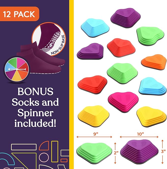 Special Supplies Stepping Stones for Kids Indoor and Outdoor Balance Blocks Promote Coordination, Balance, Strength Child Safe Rubber, Non-Slip Edging (Multi-Color, 12)