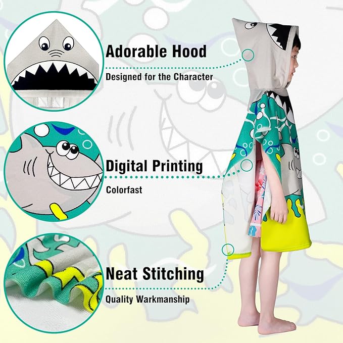 Hooded Kids Beach Towels - Toddler Bath Towel Girls Boys Swim Cover-ups for Ages 1 to 6 Kids Pool Towels Quick Dry Lightweight Soft Microfiber Poncho Towel 24x23(Sharks Blue)