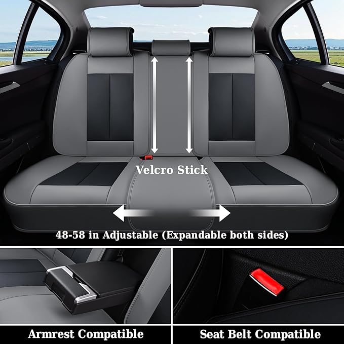 Coverado Rear Bench Car Seat Covers, Car Rear Seat Covers, Nappa Leather Back Seat Cover, Automotive Seat Covers Seat Cushion Cover Universal Fit for Most Cars Sedan SUV Pickup Truck, Black&Gray