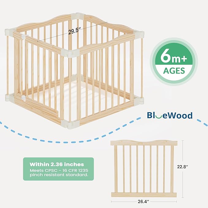 Foldable Wooden Playpen - Adjustable Wood Baby Play Yard with Child-Proof Lock, Indoor Large Safety Fence for Babies and Toddlers - Easy Assembly, 30 x 30 x 24 inches, Nature Nest