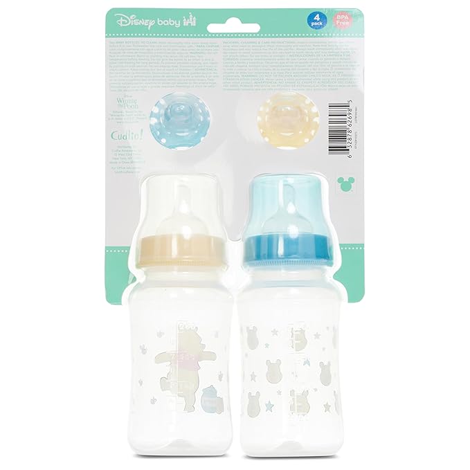 Disney Baby Bottles and Pacifiers Set – 2 Hourglass-Shaped 11oz Bottles + 2 Orthodontic Pacifiers – Officially Licensed Mickey, Minnie, Pooh & Dumbo Designs – BPA-Free Feeding Gift Set