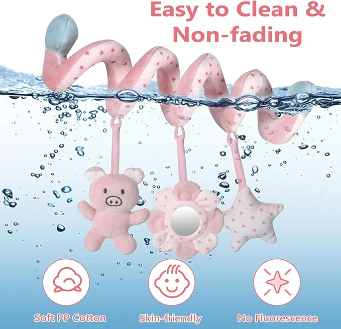 SAMMAS Car Seat Toys, Infant Baby Pink Pig Spiral Activity Hanging Toys Stroller Toys for Car Seat Stroller Bar Crib Bassinet Mobile with Mirror BB Squeaker and Rattles