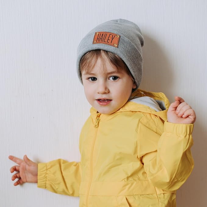 Personalized Name Baby Beanie Hat Leather Patch - Apricot Beanies Knit Hat Birthday Gifts for Kids Toddler to Adults