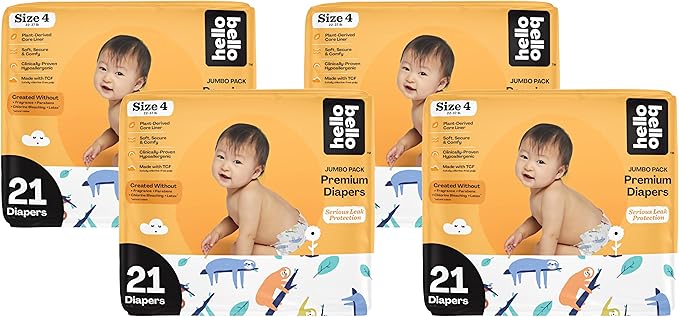 Hello Bello Premium Baby Diapers Size 4 I 21 Count of Disposeable, Extra-Absorbent, Hypoallergenic Baby Diapers with Snug and Comfort Fit I Sleepy Sloth (Pack of 4)