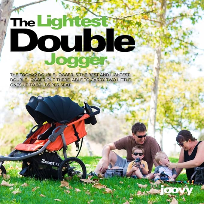Joovy Zoom X2 Lightweight Performance Double Jogging Stroller Featuring Extra-Large Pneumatic Tires with Air Pump Included, Locking and Swiveling Front Tire, and Easy One-Handed Fold, Forged Iron