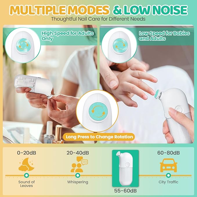 IvyWind Electric Baby Nail File, 7 in 1 Grinding Heads Baby Nail Trimmer, Automatic Baby Nail Clippers for Infant Newborn Toddler Kid Adult, 2 Speeds, USB Rechargeable, White