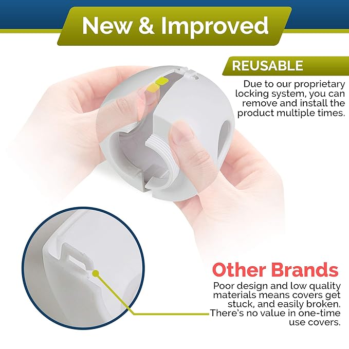 Child Safety Door Knob Cover (4 Pack) Hard-to-Remove Dual-Lock Door Handle Covers for Kids - Reusable Baby Proof Door Knob Locks - Installs Easily, No Tools Needed (White)