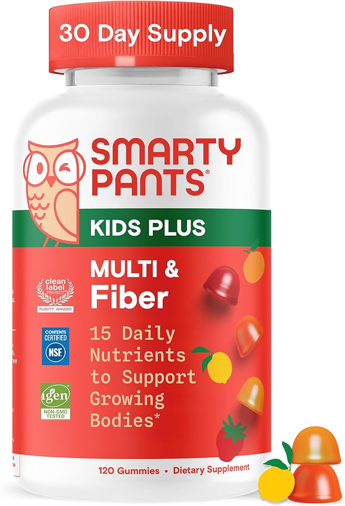 SmartyPants Kids Multivitamin & Fiber Gummies: Prebiotic Fiber to Support Kids Digestion with Vitamin D3, C, Vitamin B12, B6, A, Zinc, Biotin, Folate, Three Fruit Flavors, 120 Count (40 Day Supply)