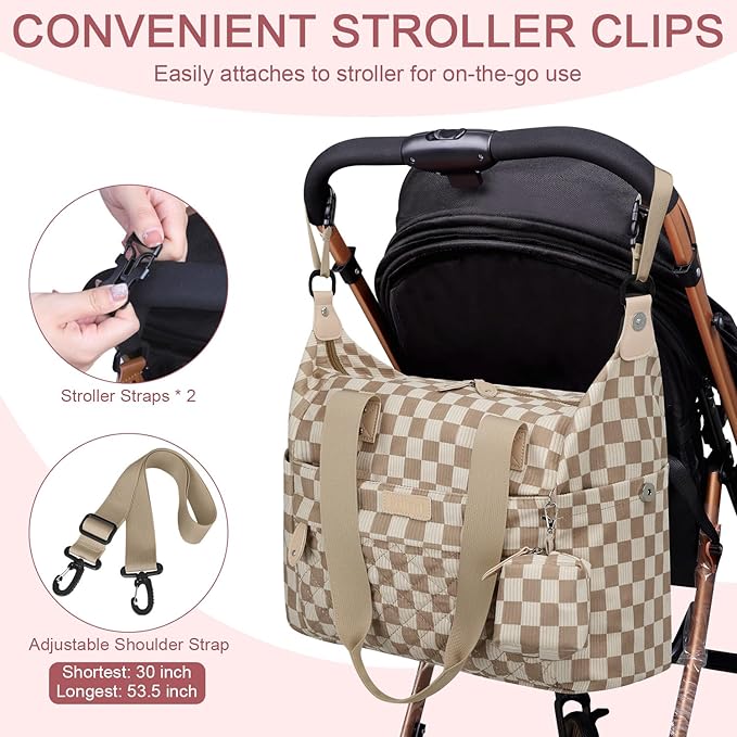 Diaper Bag Tote - Diaper Baby Bags with Pacifier Case, Shoulder Straps, Stroller Clips, Waterproof Large Mommy Maternity Travel Baby Bag for Mom and Dad, plaid