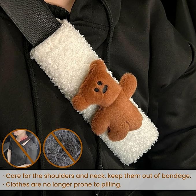 2 PCS Seat Belt Cover Pad, Cute Kawaii Animal Bear Seatbelt Covers for Kids and Adults, Winter Plush Fluffy Soft Seat Belt Cover, Cartoon Seatbelt Cushion,Car Seat Strap Pads (C-Bear)