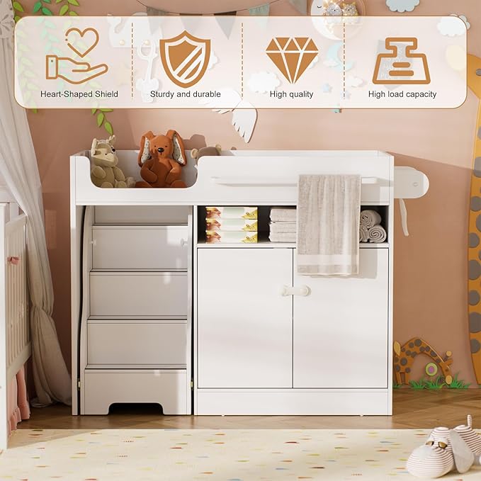 PAKASEPT Baby Changing Table with Stairs & Storage, Nursery Dresser Modern Diaper Changing Station, Dresser for Nursery with Adjustable Shelves, Storage Crib with Changing Table