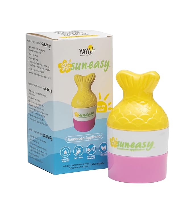 Sun-Easy Sunscreen Applicator, Refillable Roll-On with Sponge for Kids and Babies, Fun, Fast and Mess-Free application, Holds 80 ml, Fish/Pink Cap