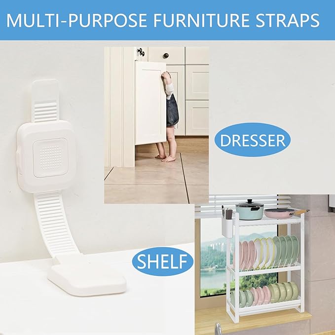 YEYA Upgraded No Drill Furniture Anchors for Baby Proofing, Anti-Tip Adjustable Straps, Strong Adhesive Backing 2 Pack
