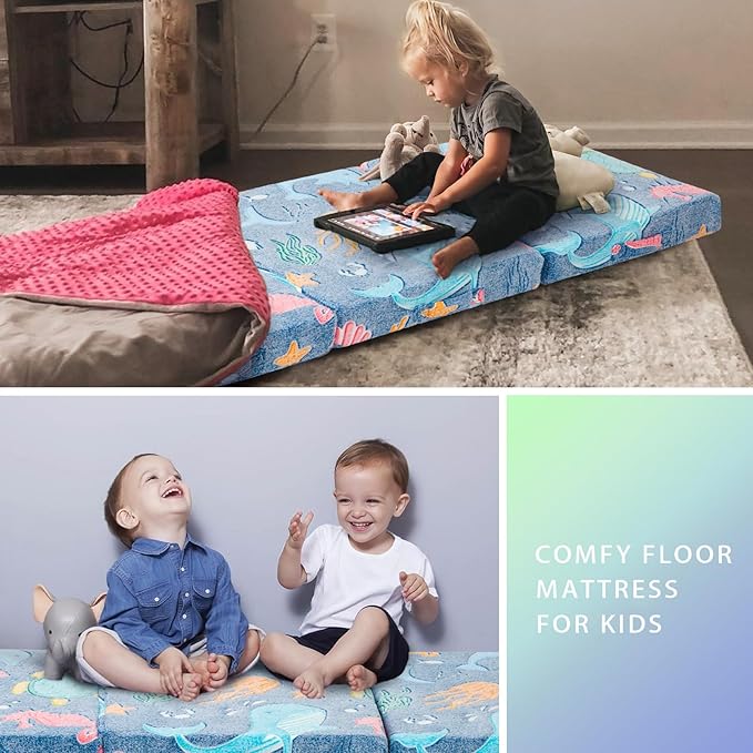 MeMoreCool Foldable Floor Mattress for Kids, Glow Trifold Mat, Kids Folding Mattress Portable Futon, 57x22 Inch Blue