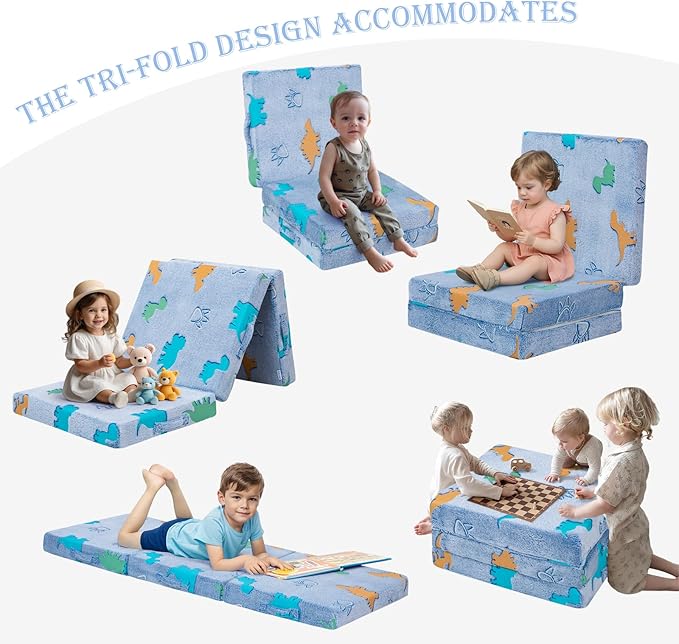 MeMoreCool Foldable Floor Mattress for Kids, Glow Dinosaur Trifold Mat, Kids Folding Mattress Portable Futon, 57x22 Inch Blue