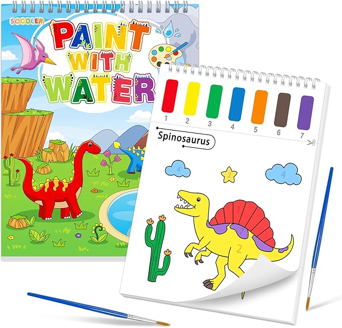 SOCOLER Paint with Water Coloring Books for Toddlers, Watercolor Painting Books for Kids Water Color Paint Kit Art Craft Birthday Gift for Ages 1-3, 4-8 (Dinosaurs)