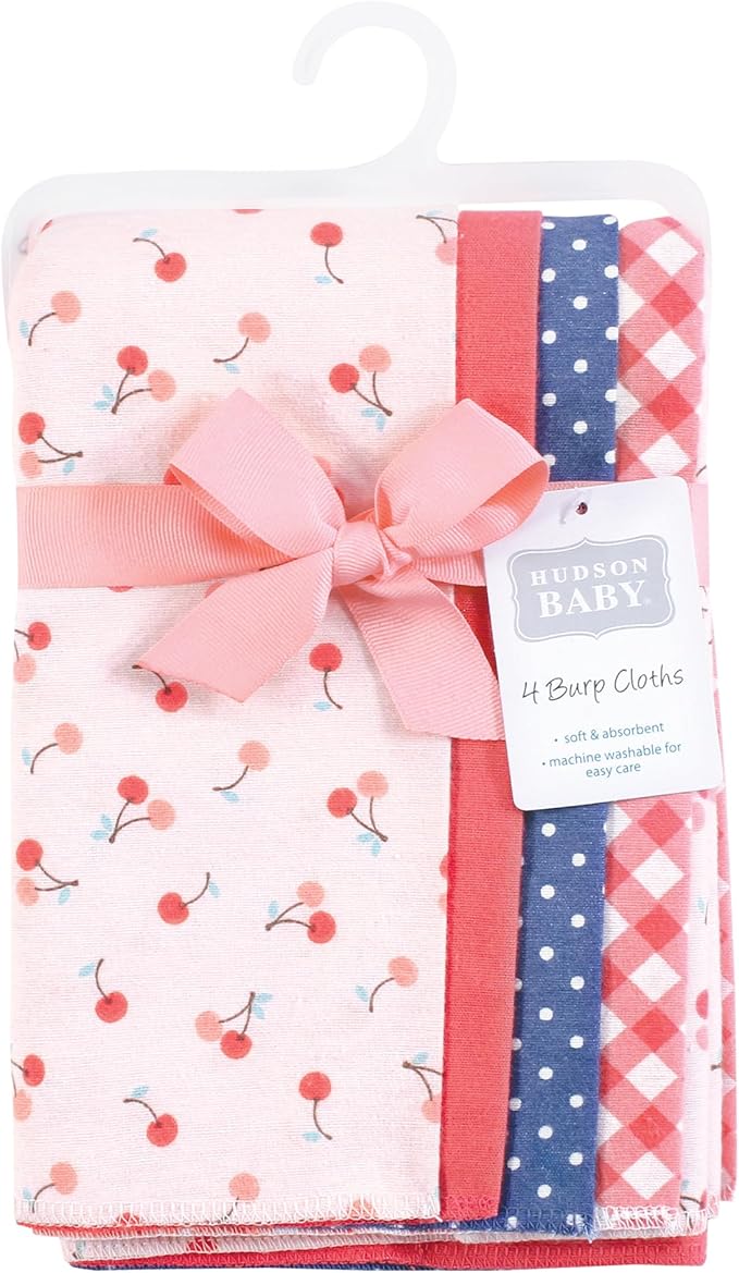 Hudson Baby Cotton Poly Flannel Burp Cloths Multipack, Cherry Sweet 8-Pack, One Size