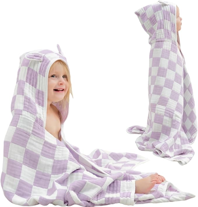 Ultra-Soft Muslin Toddler Hooded Towel - 55 x 28 Inches, Ideal for Bath & Beach, Suitable for Both Boys & Girls from Newborns to Toddlers（Lavender Check）
