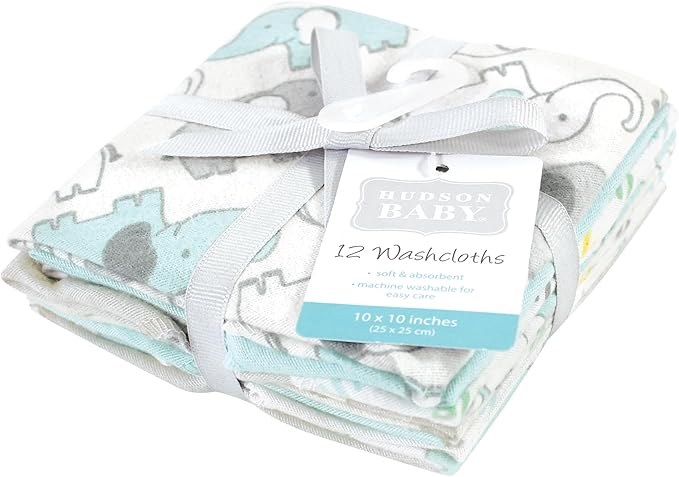 Hudson Baby Unisex Baby Flannel Washcloths, Neutral New Elephant 12Pk, One Size