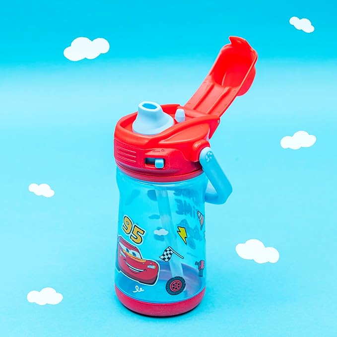 Zak Designs Disney Pixar Cars Beacon Kid Water Bottle for Travel or At Home, 12oz Plastic is Durable and Leak-Proof with Liquid Lock Spout, Cover, Carry Handle, Protective Base (Lightning McQueen) | for Travel, At Home, Durable, Leak-Proof, Liquid Lock...