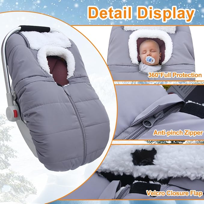 Winter Baby Car Seat Cover - Warm Infant Carseat Bunting Bag Blanket for Newborn Baby Boys Girls - Cold Weather Windproof Carrier Canopy for Travel -Universal Carseat Covers Canopies with Zips (Grey)