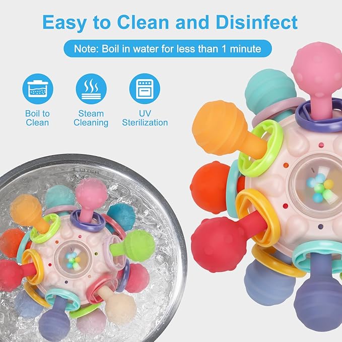 Baby Teething Toys, Baby Teethers Montessori Sensory Toys for 0-6 6-12 Months, Gifts for 1 Year Old Boys Girls Infant Newborn 0 3 6 9 12 18 Months Toys, Pink