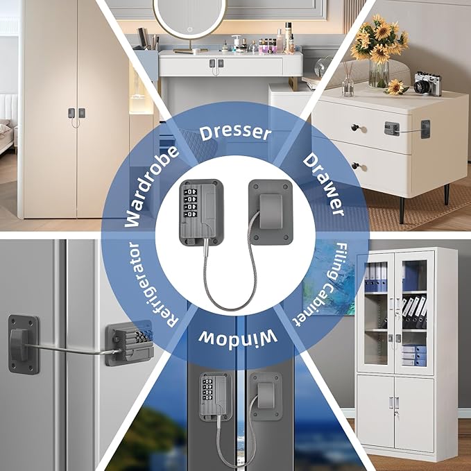 Refrigerator Lock, Heavy Duty Fridge Locks for Kids, Freezer Lock with Combination for Refrigerator Drawer Cabinet Safety, Easy to Install No Keys Needed Grey