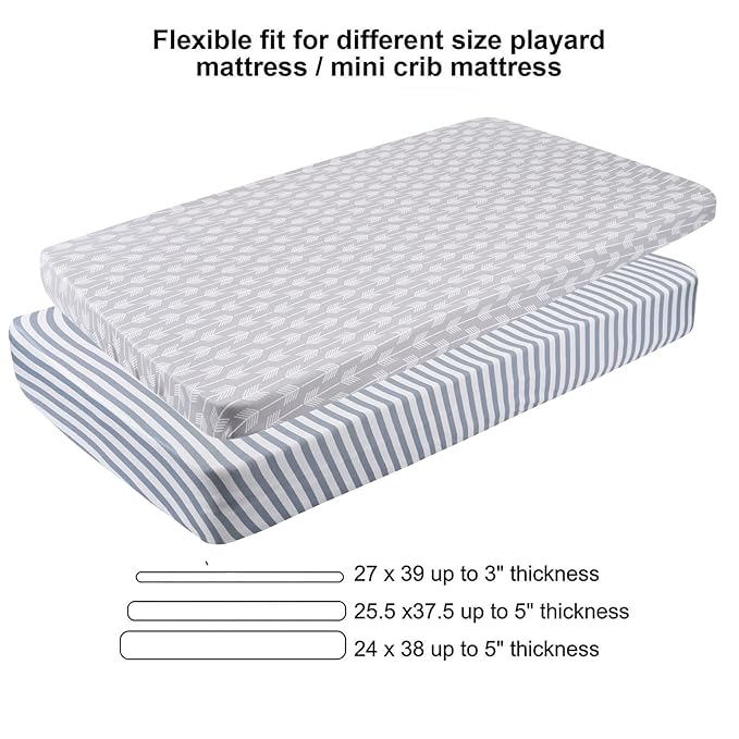 Onacosht Pack n Play Sheets 3 Pack for Baby Unisex, Stretchy Jersey Knitted Portable Mini Crib Sheets Playard Mattress Cover for Baby Boys and Girls, Clouds Stripes and Arrow Printing