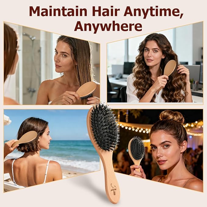 Boar Bristle Hair Brush Gift Set for Women & Men, 100% Natural Bristle & Nylon, Reduces Frizz & Static, Gentle Detangling for All Hair Types Thick Thin Curly Straight, Regular Size