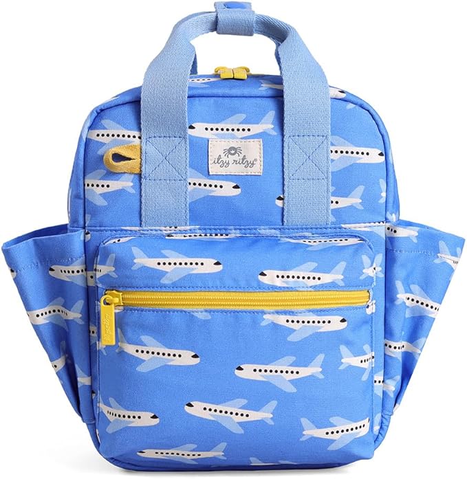 Itzy Ritzy Toddler Backpack - Daycare Bag - Features Adjustable Shoulder Straps, 2 Side Pockets & Spacious Interior with Wipeable Fabric Lining & Name Label, Airplane