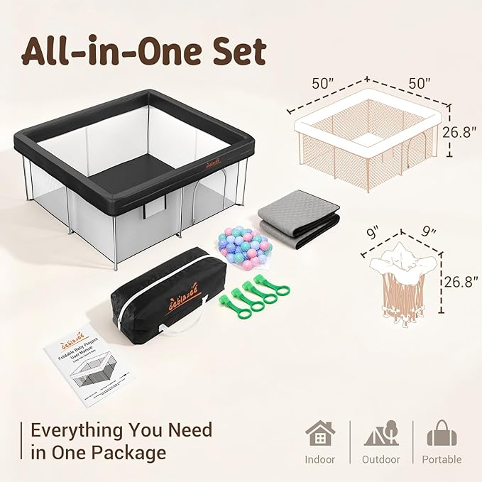 Foldable 50x50 Playpen, Portable Baby Playpen for Babies & Toddlers, Quick Fold Safety Play Yard with Balls, Pull Rings & Carry Bag, Indoor & Outdoor, Black