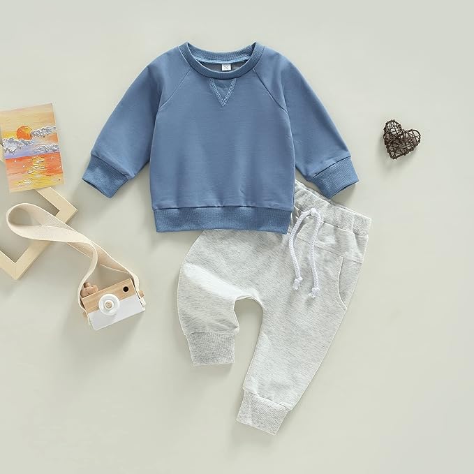 Toddler Baby Boy Clothes Solid Color Long Sleeve Crewneck Sweatshirt Top Casual Pants Set 2Pcs Fall Winter Outfits