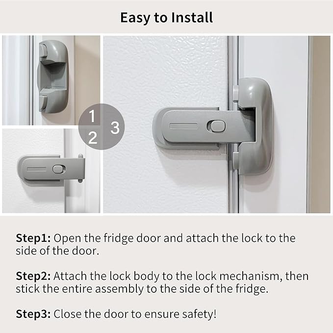Fridge Lock for Kids, Refrigerator Lock Child Proof, Freezer Latches to Keep Door Closed, One Handed Operation, Strong Adhesive Tapes Included, Grey