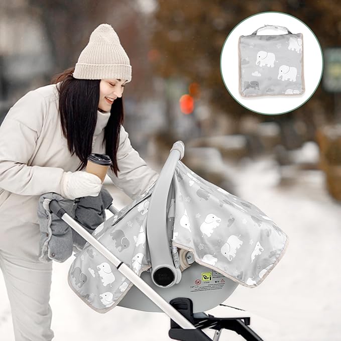 Baby Carseat Seat Cover Boys, Winter Carseat Canopy, Cozy & Warm Cover with Zipper Peep Windows, Infant Minky Carrier Cover, Soft Breathable, Baby Must Have, Grey Elephant