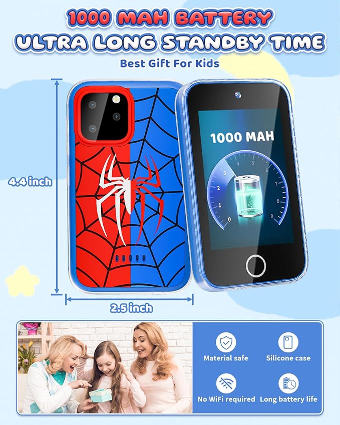 Kids Phone 3.5" Touchscreen, Pretend Smartphone with Dual Camera, Spider Toy Phone for Boys 3-8, Learning ABC & Habit Tracker, Birthday