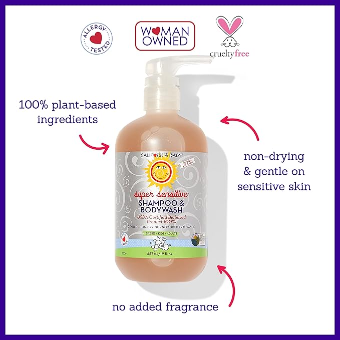 California Baby Super Sensitive Baby Shampoo + Baby Wash | 100% Plant-Based | Unscented Body Wash For Sensitive Skin | Hypoallergenic | 19 oz (2-Pack)