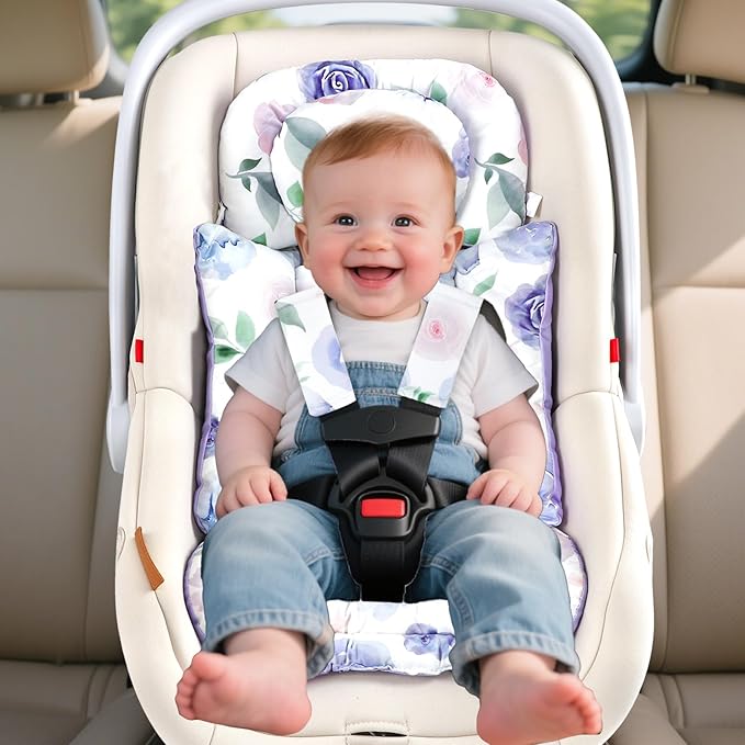 TANOFAR Infant Car Seat Insert with Removable Cushion for Baby Girls, Reversible Newborn Carseat Insert for Baby Head Body Support, Fits for Stroller, Baby Swing, Bouncer (Purple Flower)