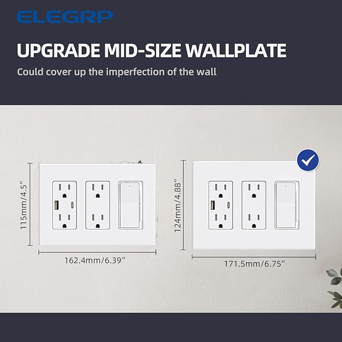 ELEGRP 3-Gang Screwless Decorative Wall Plates, Mid-Size Unbreakable Thermoplastic Faceplate Cover for Decorator Receptacle Outlet Switch, UL Listed (2 Pack, Matte White)