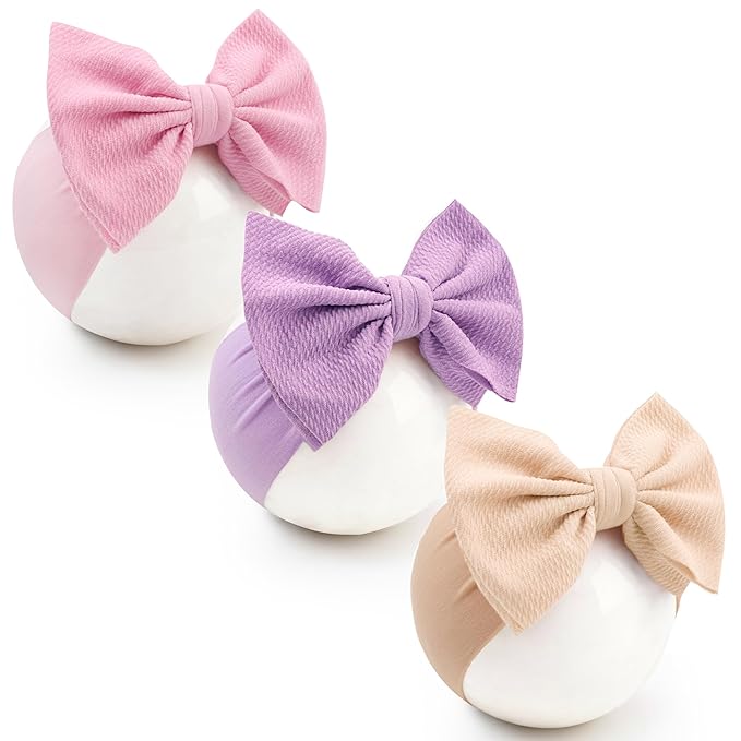 Baby Bow Headbands 3 Pcs Baby Girl Headbands with Bows Soft Nylon Beige/Purple/Pink Headband Bows for Baby Girls, Newborns, Infants