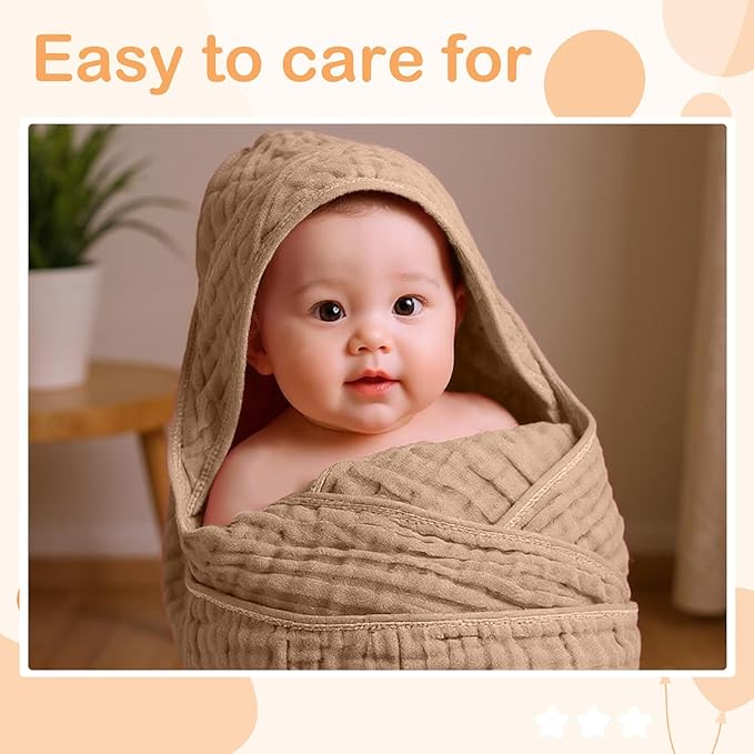 Peryiter 4 Pcs Muslin Hooded Baby Towels 32x32inch Cotton Newborn Bath Essentials Muslin Infant Blankets Absorbent Registry Baby Shower Present for Babies Girl Boy Kids (Brown Series)