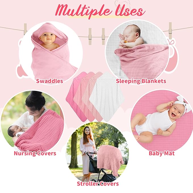 Preboun 4 Pcs Muslin Hooded Baby Towels,32"x 32" Cotton Newborn Bath Towel Muslin Infant Baby Blankets Absorbent Unisex Newborn Registry Gift for Girls Boys(Pink Series)