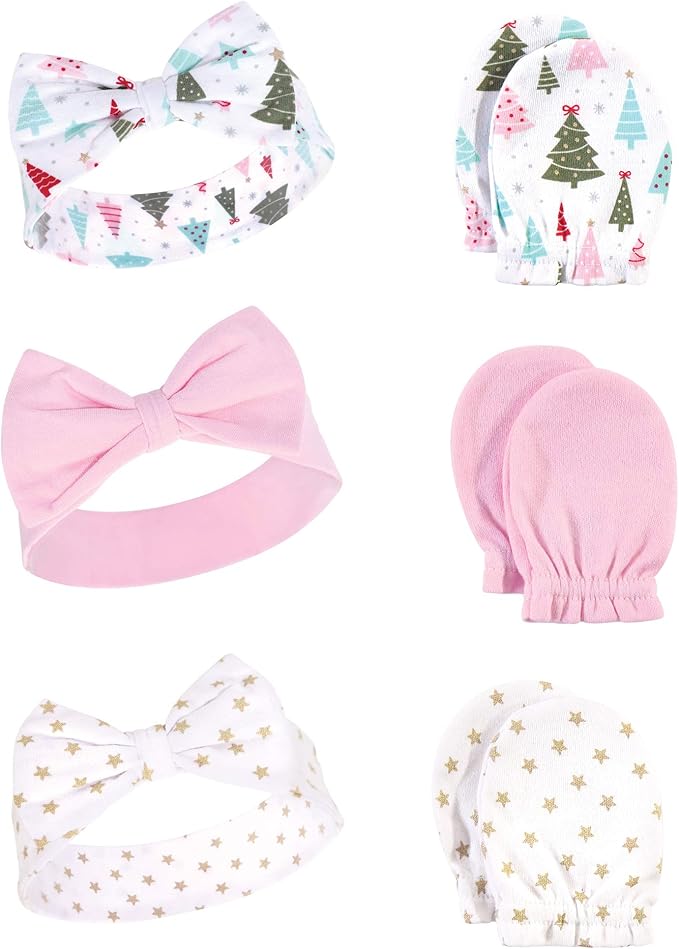 Hudson Baby baby-girls Cotton Headband and Scratch Mitten Set