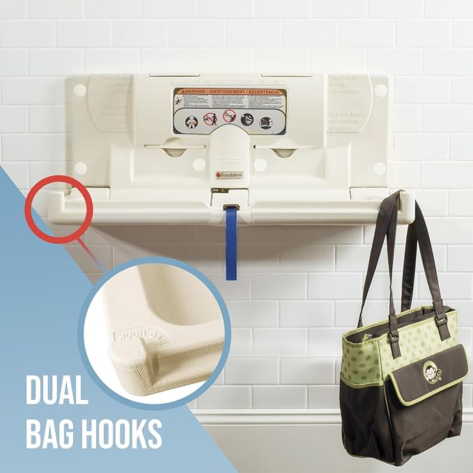 Foundations Classic Horizontal Baby Changing Station w/EZ Mount Backer Plate, Surface Mount, One Handed Adjustable Safety Strap & Liner Dispenser, Cream (5211089)